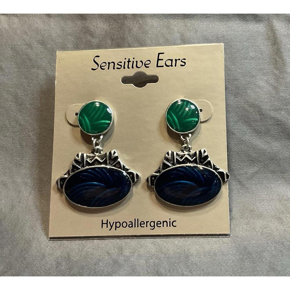 NWT Sensitive Ears Hypoallergenic Silver Tone/Green/Blue Dangle Earrings #1440